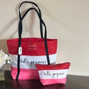 Kate Spade and Clinique Red and Pink Striped Tote Set